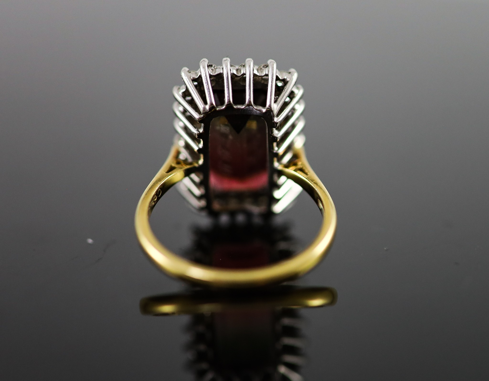 A modern 18ct gold watermelon tourmaline and diamond set rectangular cluster ring